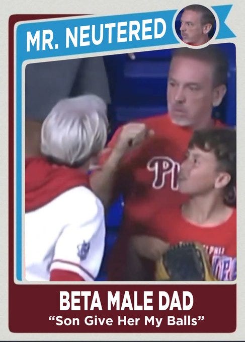 A baseball-themed meme card styled like a trading card. The card has a blue border with "MR. NEUTERED" at the top and "BETA MALE DAD 'Son Give Her My Balls'" at the bottom in white text on a red background. It shows three people: an older man with white hair wearing a white and red baseball jersey, a man in a red Philadelphia Phillies shirt raising a fist, and a young boy in a red Philadelphia Phillies shirt holding a baseball glove, all at what appears to be a baseball game. A baseball-themed meme card styled like a trading card. The card has a blue border with "MR. NEUTERED" at the top and "BETA MALE DAD 'Son Give Her My Balls'" at the bottom in white text on a red background. It shows three people: an older man with white hair wearing a white and red baseball jersey, a man in a red Philadelphia Phillies shirt raising a fist, and a young boy in a red Philadelphia Phillies shirt holding a baseball glove, all at what appears to be a baseball game.