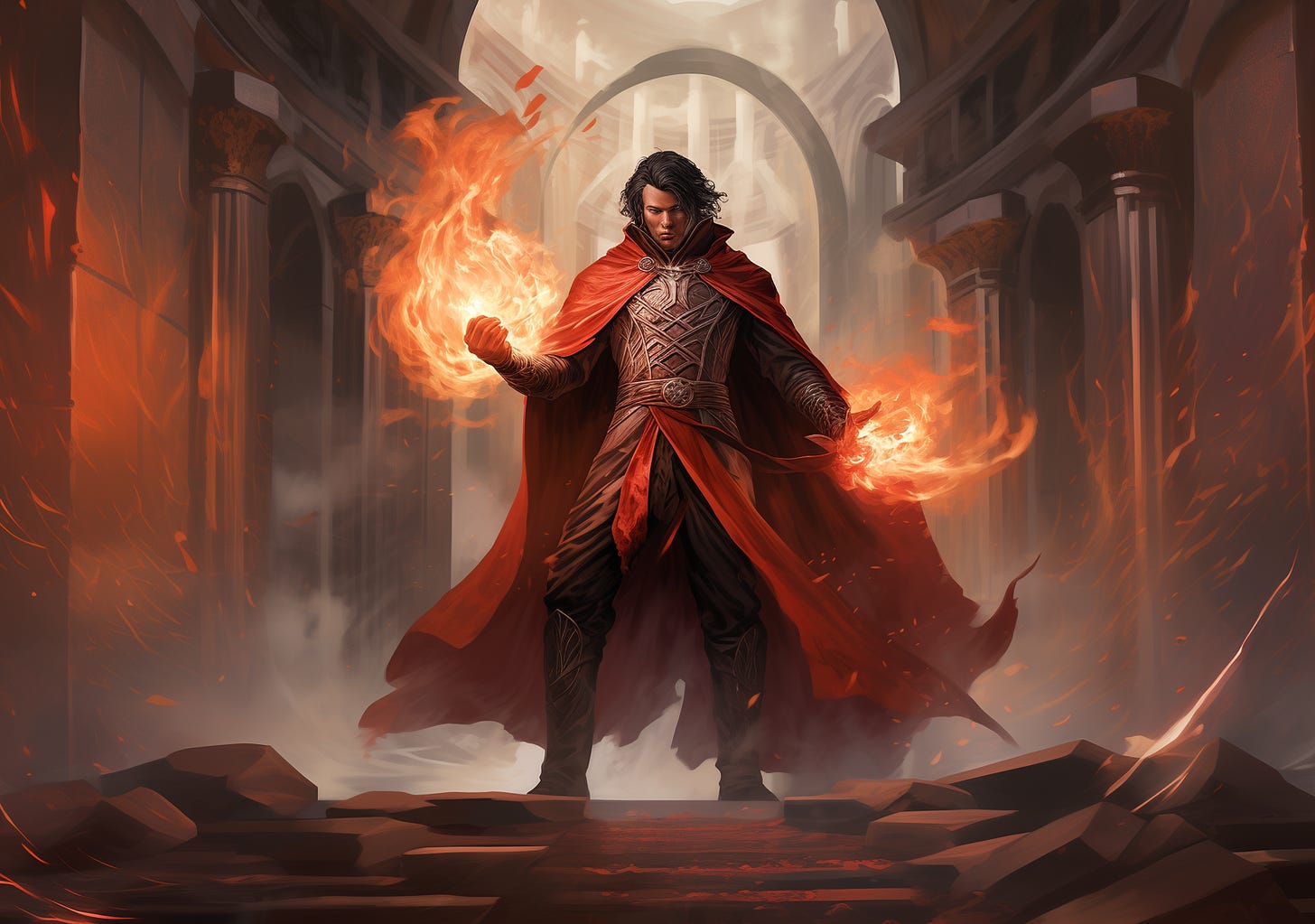 A human in a red cloak stands boldly with fire bursting from his hands