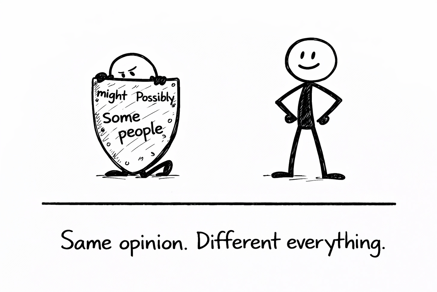 Two stick figures compared: one hiding behind a large shield covered in hedge words like 'might,' 'possibly,' and 'some people,' looking anxious. The other stands confidently with no shield, hands on hips. Caption reads 'Same opinion. Different everything.' Hand-drawn illustration about confident writing versus hedging.