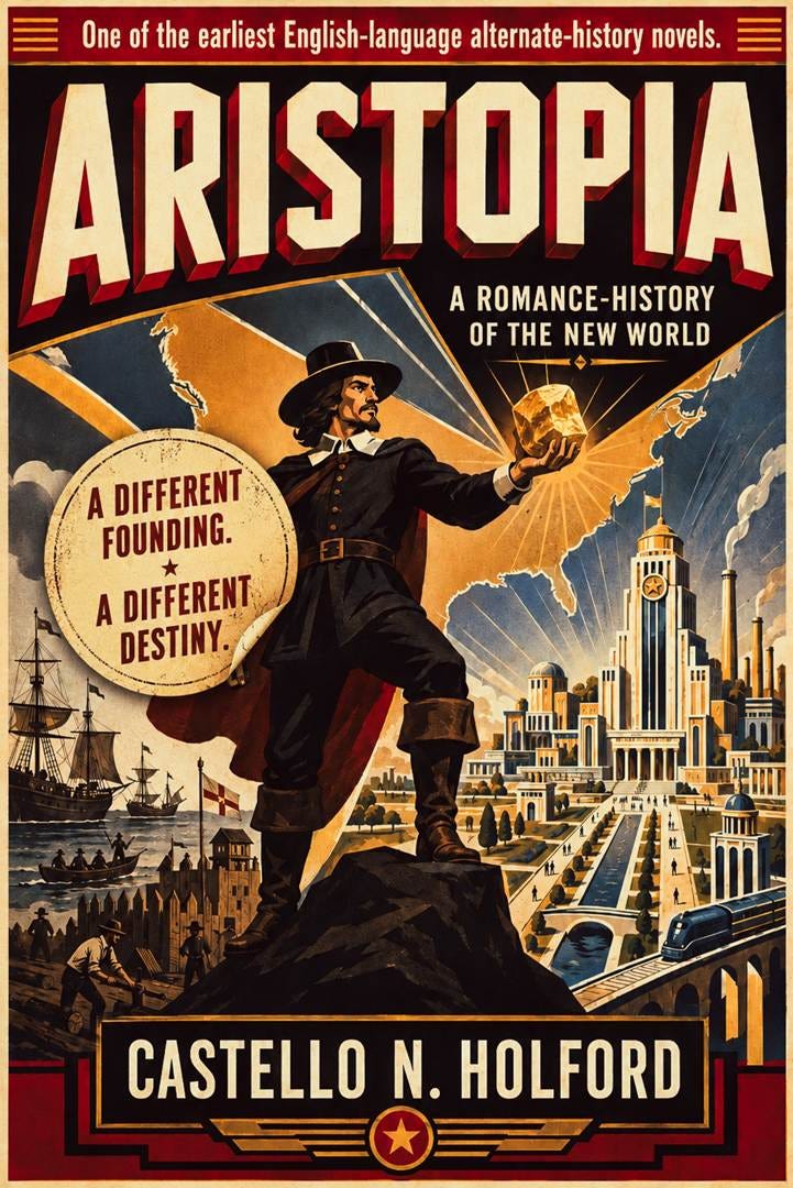 A vintage pulp-style book cover. A 17th-century settler in a dark wide-brimmed hat and cloak stands atop a rocky outcrop, holding up a glowing gold nugget that throws light across a map of North America behind him. To one side, tall sailing ships and a wooden stockade; to the other, a gleaming classical city with towers, canals, and a streamlined train. Banner text reads "One of the earliest English-language alternate-history novels," the title "Aristopia: A Romance-History of the New World," and the author "Castello N. Holford."