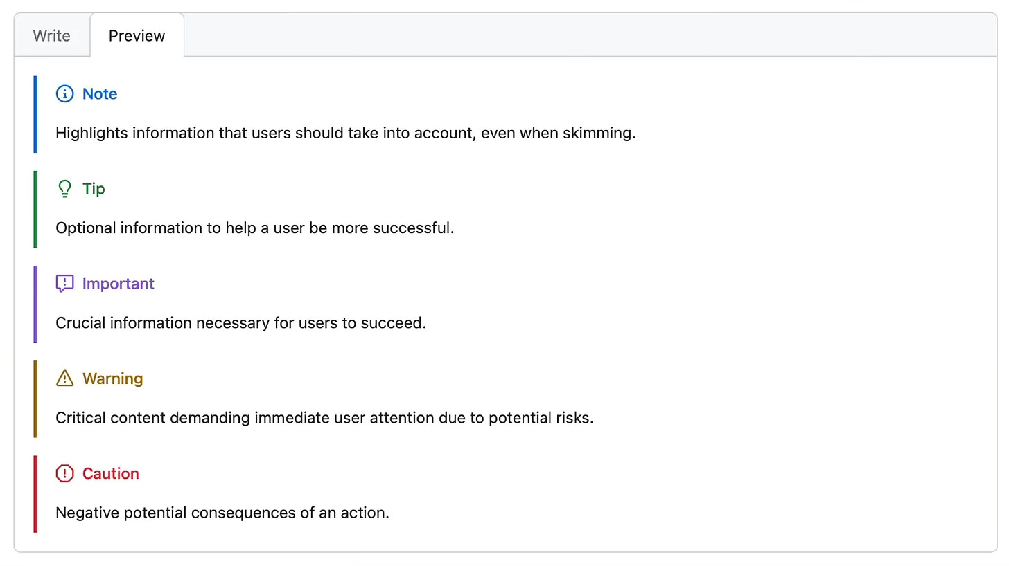 GitHub Markdown different Alert types