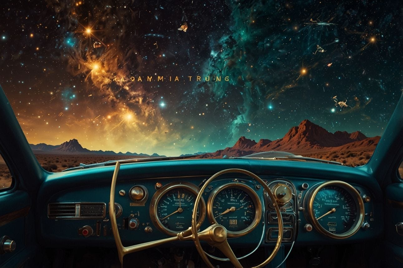 A driving view in a spacey vehicle 