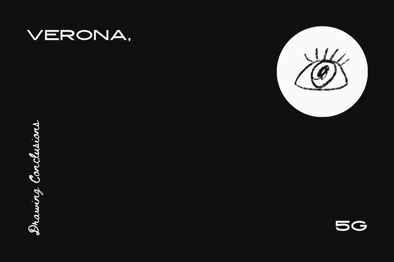 Title card for the literary cartoon "Verona, 5G," with the text divided between the top-left and bottom-right corners of a minimalist black background. A hand-drawn eye within a white circle sits in the top right, and the series name Drawing Conclusions is written in vertical script on the left. Presented by The Subtext Review.