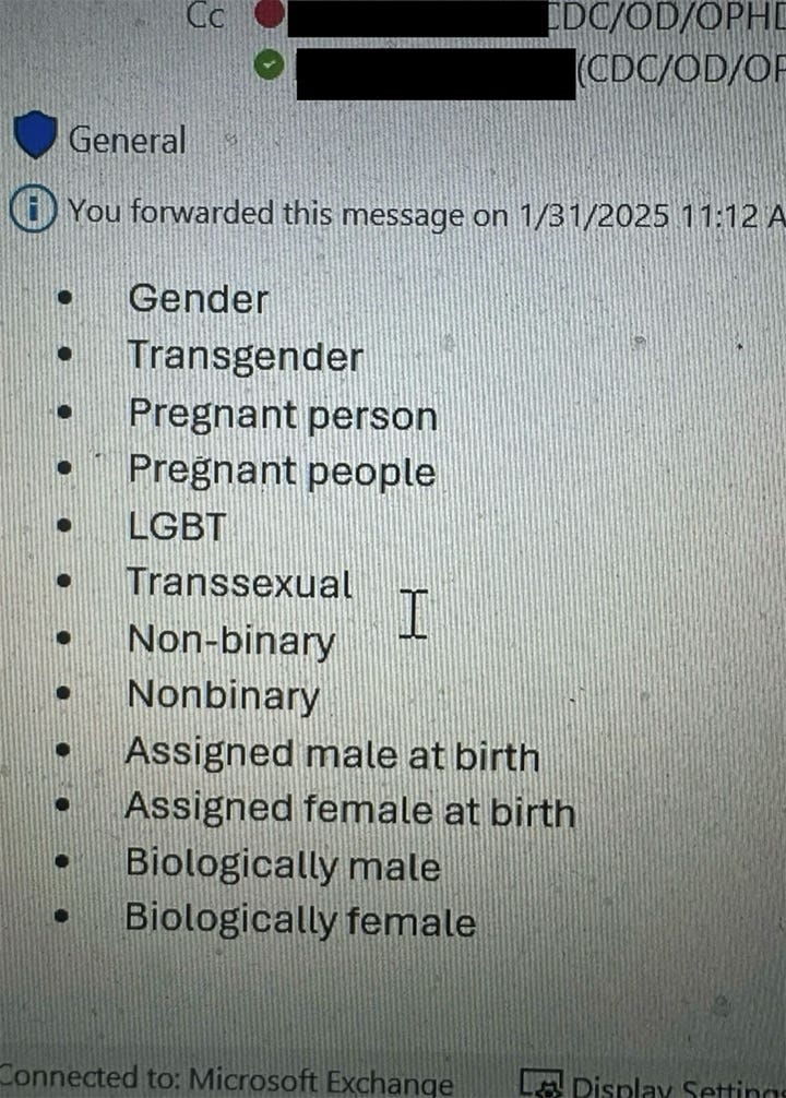 A screenshot of an email sent 01/31/2025 from an inside source listing the forbidden words: “gender, transgender, pregnant person, pregnant people, LGBT, transsexual, non-binary, nonbinary, assigned male at birth, assigned female at birth, biologically male, biologically female." 