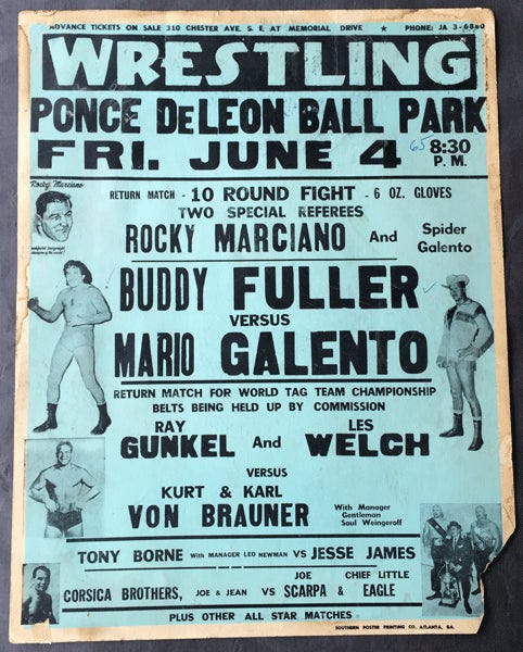 FULLER, BUDDY-MARIO GALENTO WRESTLING ON SITE POSTER (1965-MARCIANO AS REFEREE) FULLER, BUDDY-MARIO GALENTO WRESTLING ON SITE POSTER (1965-MARCIANO AS REFEREE)