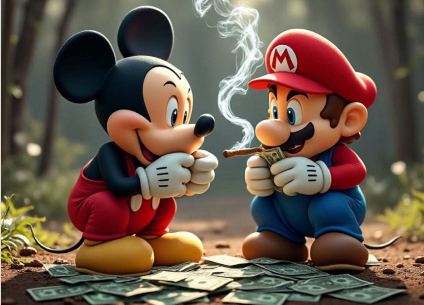 Ai generated image of Mickey Mouse and Mario smoking and counting cash
