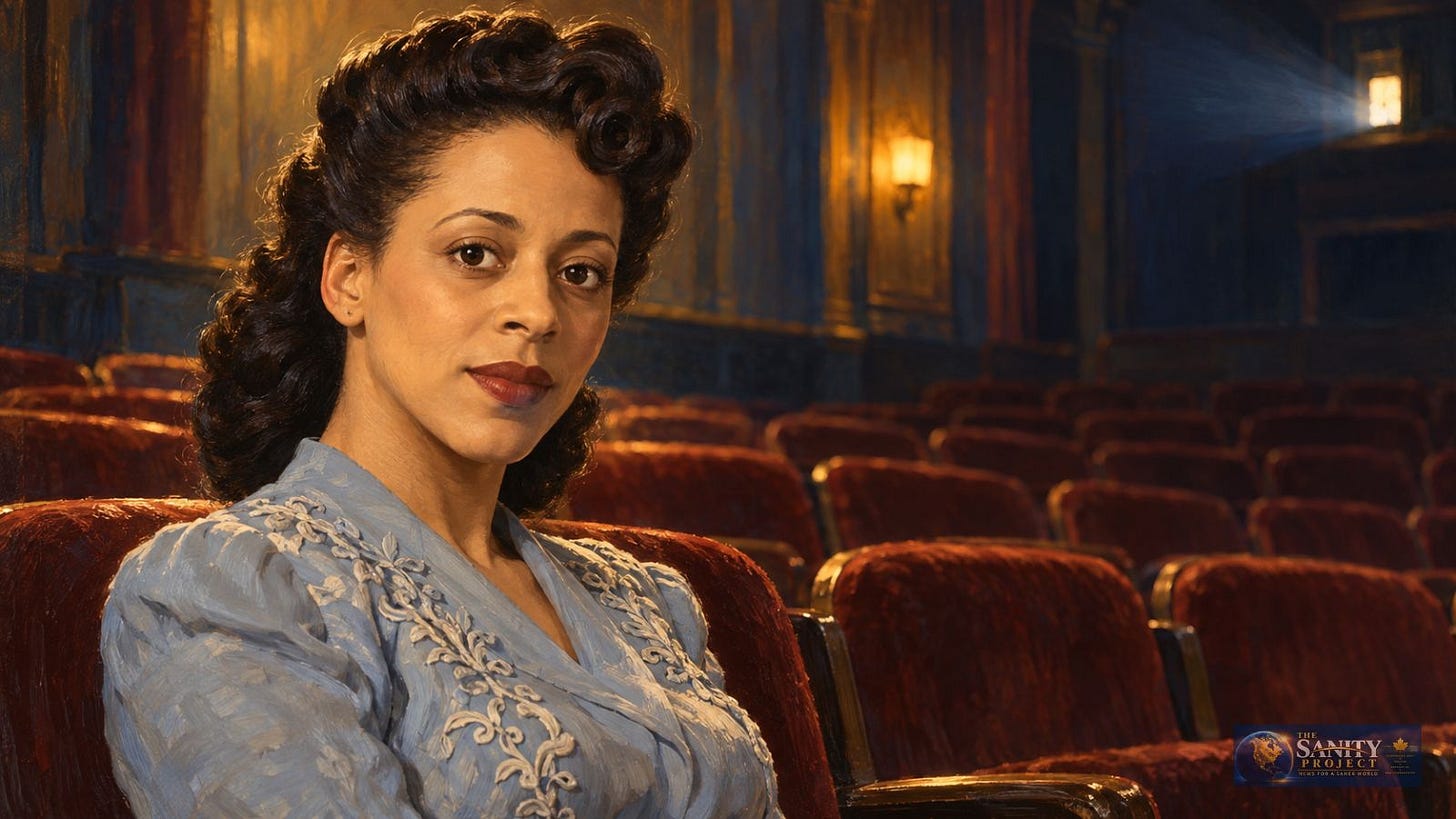 Editorial illustration of Viola Desmond seated in a 1940s movie theatre. Editorial illustration of Viola Desmond seated in a 1940s movie theatre.