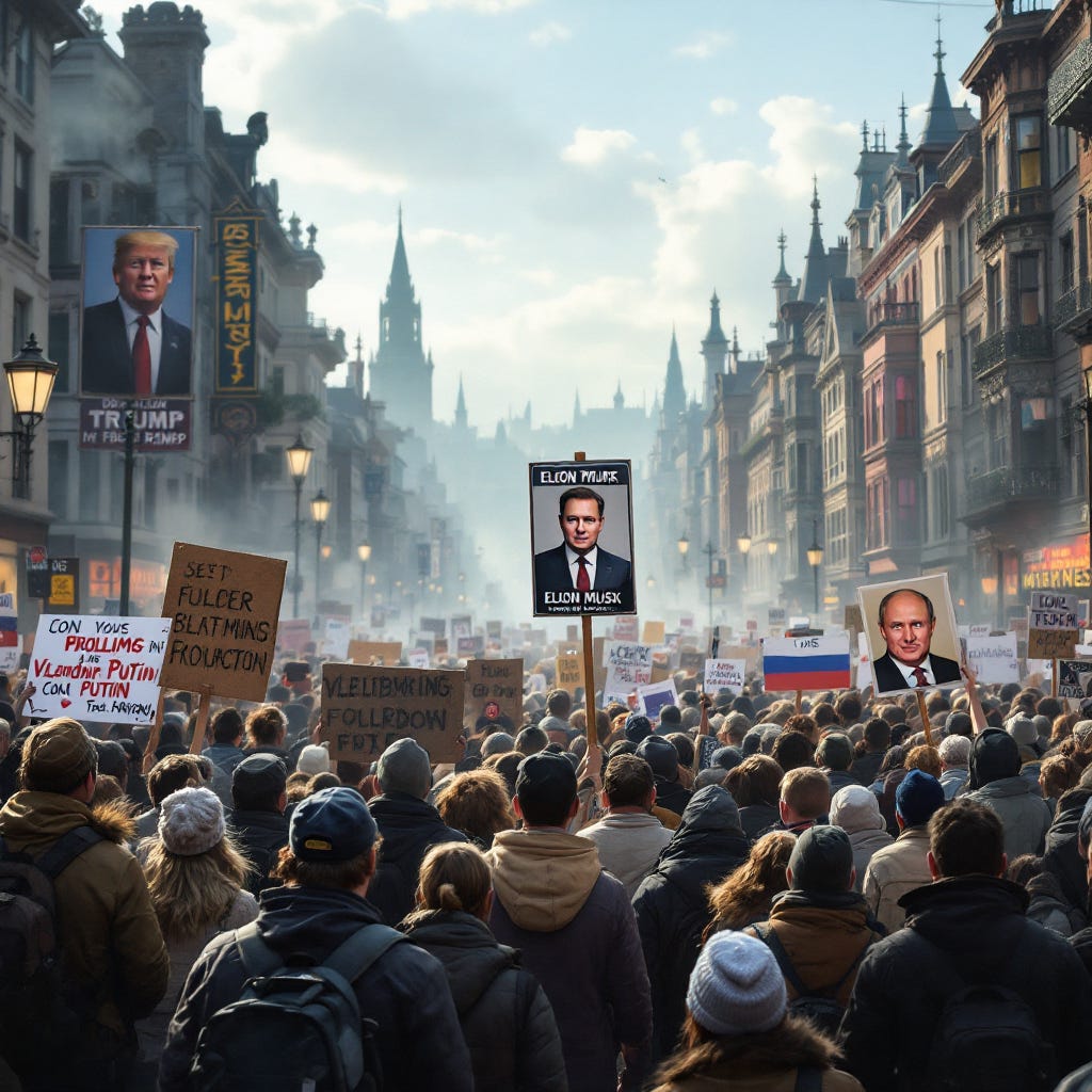Thousands of protestors holding up illegible signs. 3 signs have images 1 each of Trump, Elon Musk, and Putin.