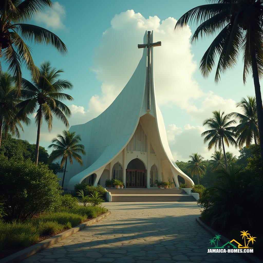 A modern church building in Jamaica, Caribbean, architecturally sculpted into the distinct shape of a Christian cross.
