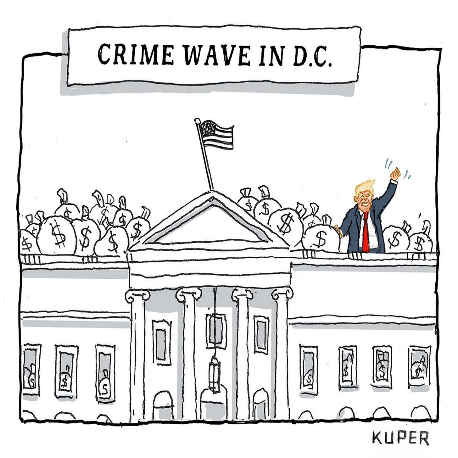The heading reads “Crime Wave in D.C.” Donald Trump stands on the roof of the White House waving and surrounded by bags...