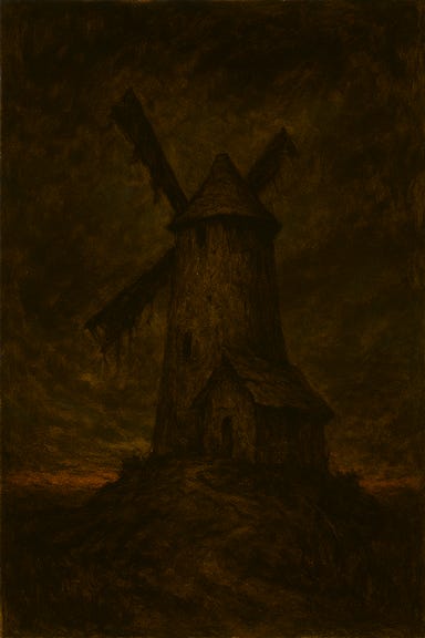 The Old Bonegrinder windmill stands crooked and foreboding on a lonely rise, its sagging sails creaking against a darkening sky. The clouds above churn in bruised shades of violet and gray, casting eerie shadows across the broken path leading to its door. Fog coils around its base, and the surrounding field is littered with twisted scarecrows, their heads tilted toward the windmill. The atmosphere is ominous, cinematic, and steeped in supernatural dread—capturing the moment just before the party crosses the threshold. The Old Bonegrinder windmill stands crooked and foreboding on a lonely rise, its sagging sails creaking against a darkening sky. The clouds above churn in bruised shades of violet and gray, casting eerie shadows across the broken path leading to its door. Fog coils around its base, and the surrounding field is littered with twisted scarecrows, their heads tilted toward the windmill. The atmosphere is ominous, cinematic, and steeped in supernatural dread—capturing the moment just before the party crosses the threshold.