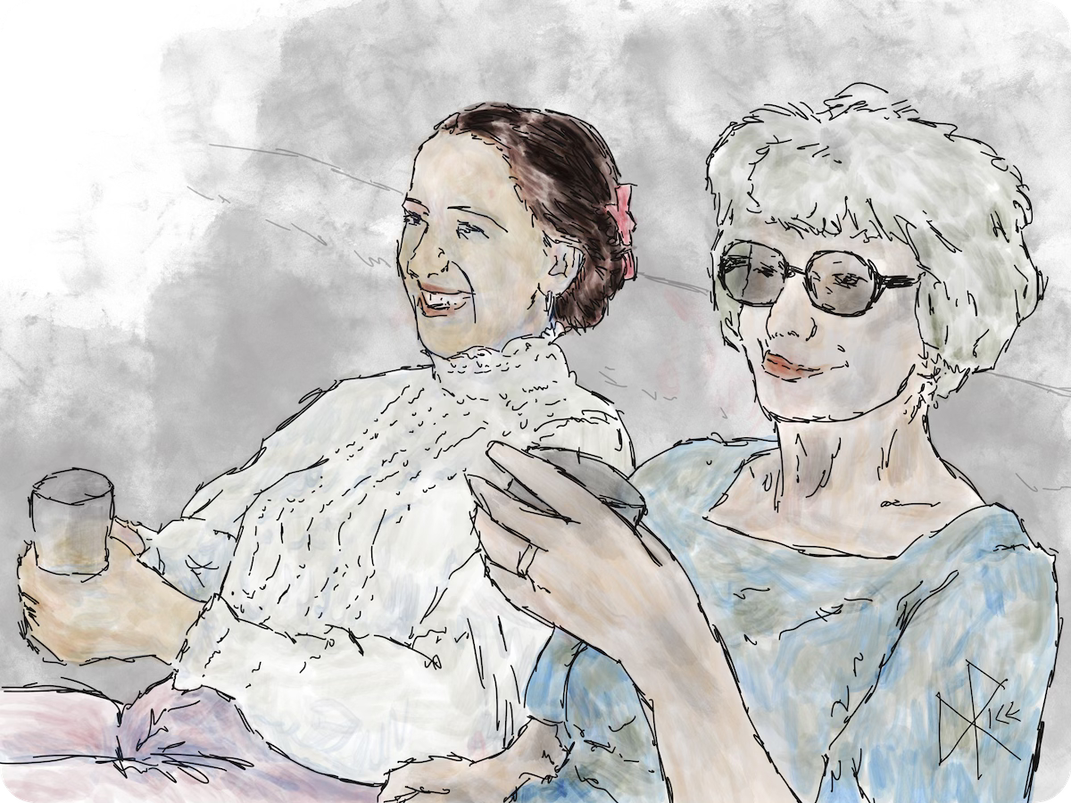 Two women seated next to each other on a sofa, with drinks in their hands and smiles on their faces. Sketch art by Don Rice.