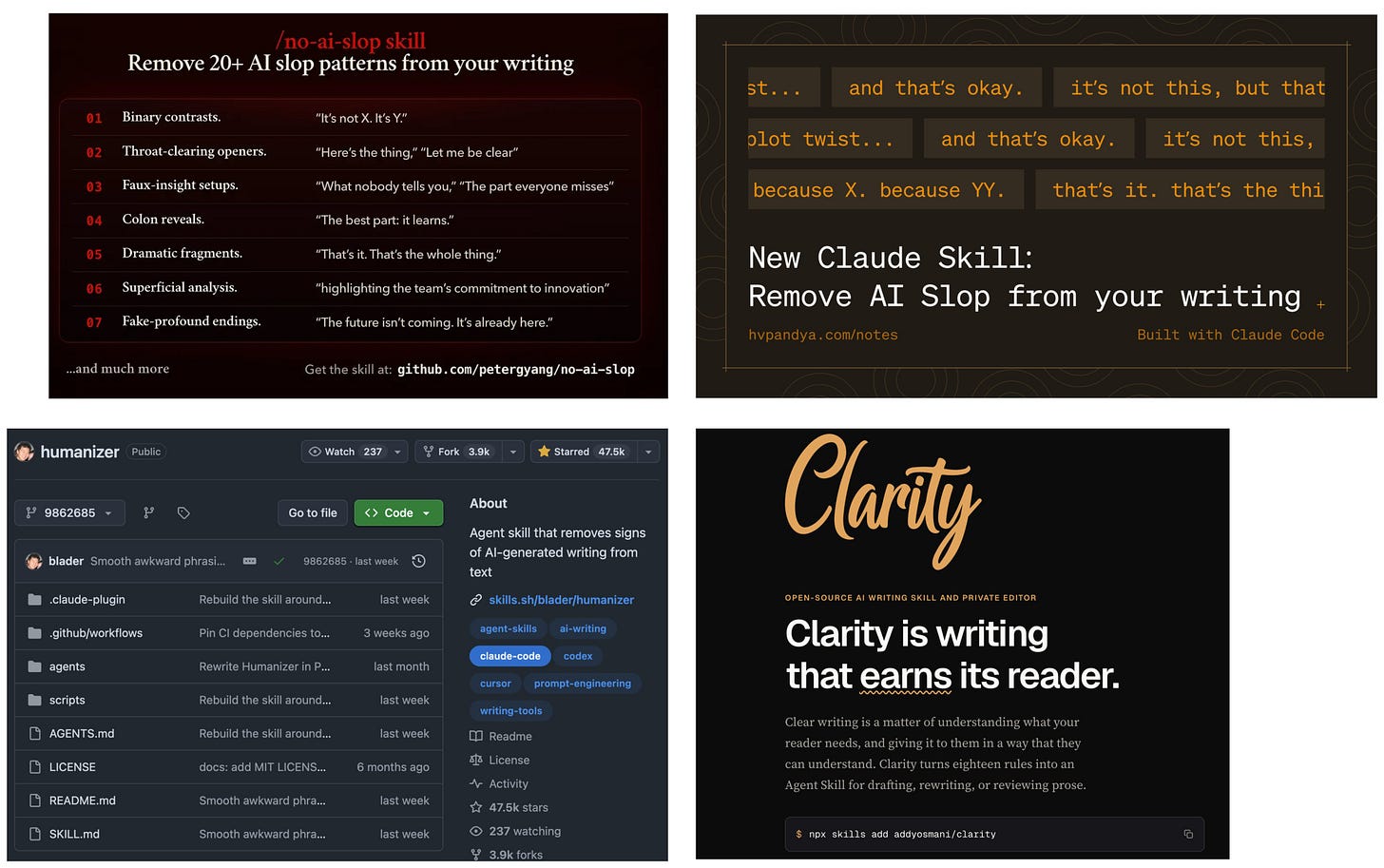 Collage showing the Humanizer, No AI Slop, Stop Slop, and Clarity projects compared in the experiment