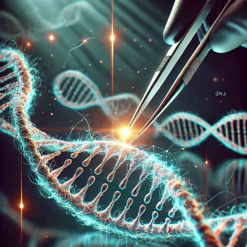 A hyper-realistic digital illustration of scientific tweezers delicately pulling a glowing fragment from a DNA strand. The DNA should appear intricate and bioluminescent, with vibrant, futuristic lighting that gives a science fiction feel. The tweezers should be metallic and detailed, with reflections from the glowing DNA fragment. The background should be dark and minimal to highlight the DNA and tweezers, with subtle gradients or faint glowing particles for a futuristic ambiance. The overall style should evoke advanced genetic technology in a sci-fi context.