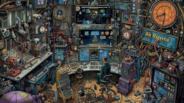 A person sitting in a room with many machines and clocks

AI-generated content may be incorrect.