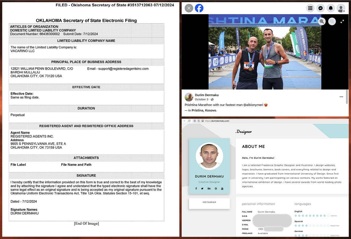articles of organization for Vacarino LLC, signed by Durim Dermaku, and screenshots indicating that Dermaku is located in Kosovo rather than Oklahoma City