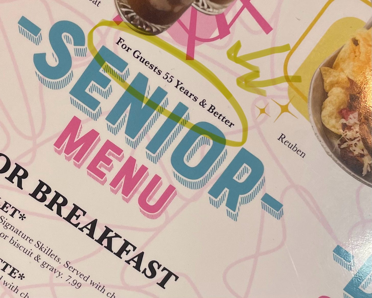 Closeup of a menu, which says, "For Guests 55 Years & Better: Senior Menu"