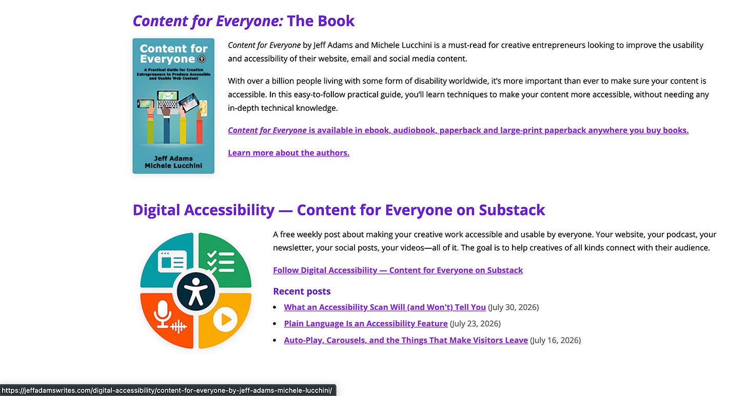 Screenshot of Jeff's website showing no focus indicator present for the link that has focus. The only indication of focus is in the lower left corner with the URL of the target page displaying.