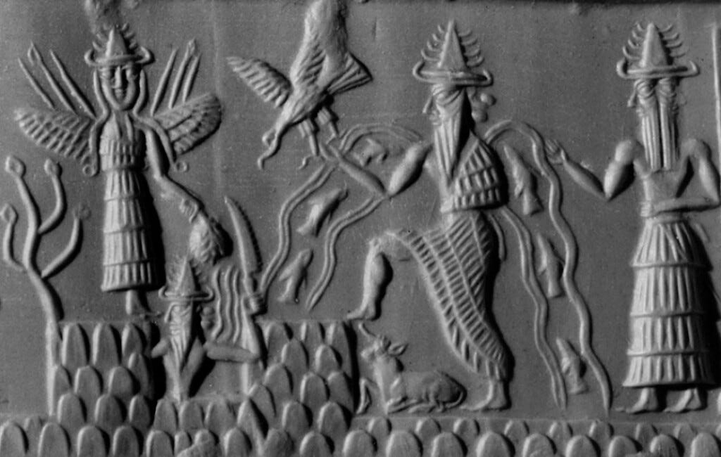 A depiction on Enki, with streams filled with fish at his shoulders. A depiction on Enki, with streams filled with fish at his shoulders.