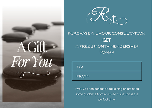 a sample gift card, with text reading, A Gift For You. Purchase a 1 hour consultation and get a free 1 month membership. $30 value.