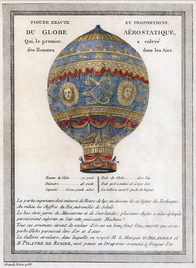 The Montgolfier brothers launched their ballon in 1783. Washington learned of the news with amazement. - Figure exacte et proportions, du globe aërostatique, qui, le premier, a enlevé des hommes dans les airs, Courtesy Library of Congress. The Montgolfier brothers launched their ballon in 1783. Washington learned of the news with amazement. - Figure exacte et proportions, du globe aërostatique, qui, le premier, a enlevé des hommes dans les airs, Courtesy Library of Congress.