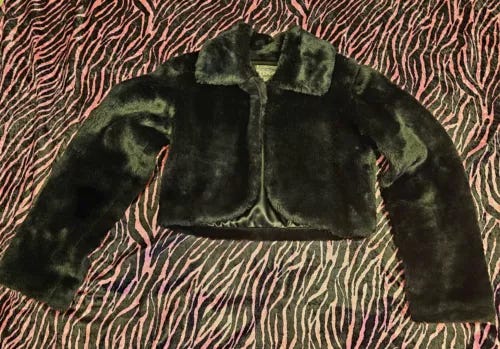 RARE 90s Rave Black Faux Fur Cropped Jacket Sz M Gadzooks 2000s Y2k Goth Vintage - Picture 1 of 5