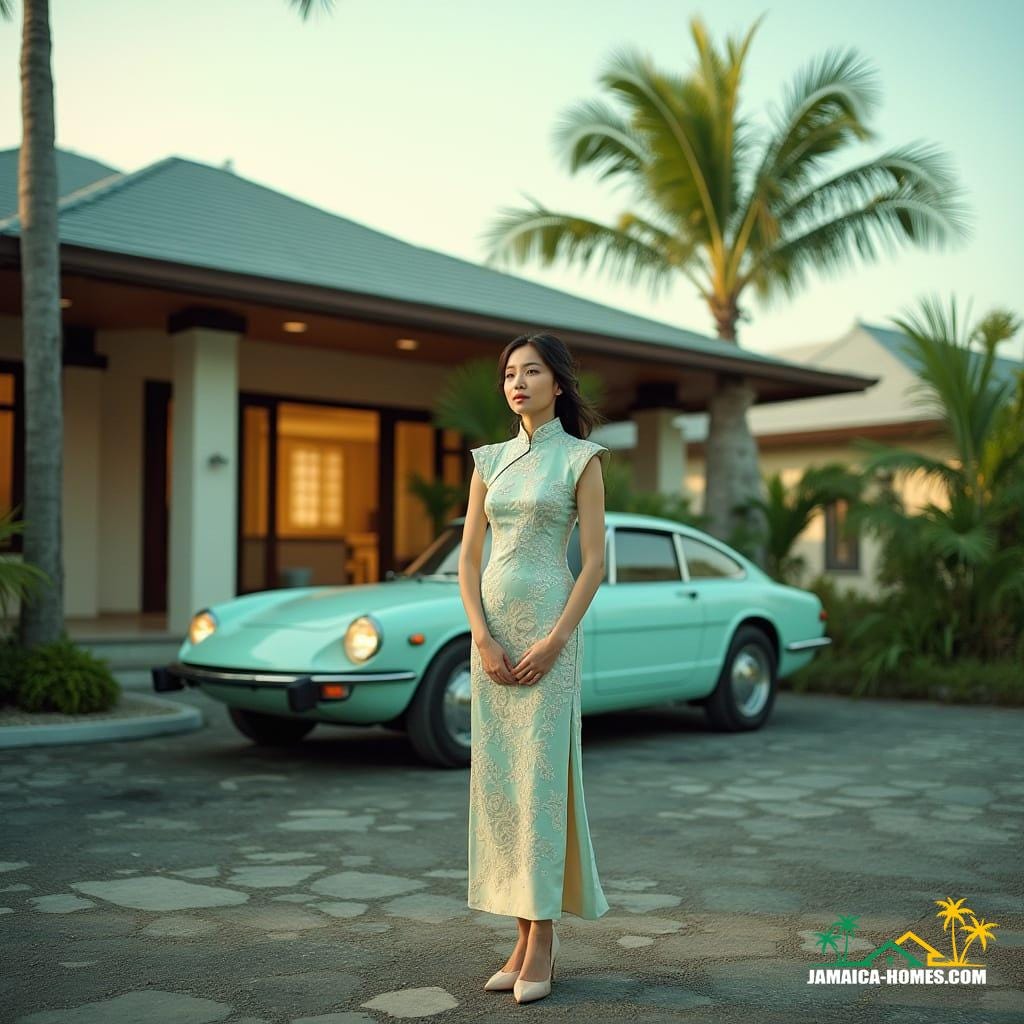 A lone Chinese woman, dressed in a elegant, pastel-hued cheongsam, stands poised in front of a sleek, modern Caribbean home in Kingston, Jamaica, with a parked car beside her, its sleek lines and vibrant colors reflecting the island's laid-back vibe. Inspired by the cinematic styles of Wong Kar-wai, Hou Hsiao-hsien, and Cao Fei, this shot is reminiscent of a 35mm film still, infused with a warm, golden light, subtle film grain, and a nuanced vignette, evoking a sense of nostalgia and timelessness. The color palette is rich and cinematic, with deep blues and greens of the Jamaican landscape juxtaposed with the soft pastels of the woman's attire, all perfectly balanced through meticulous post-processing, resulting in a visually stunning, atmospheric, and dramatic image that exudes the essence of the Caribbean.