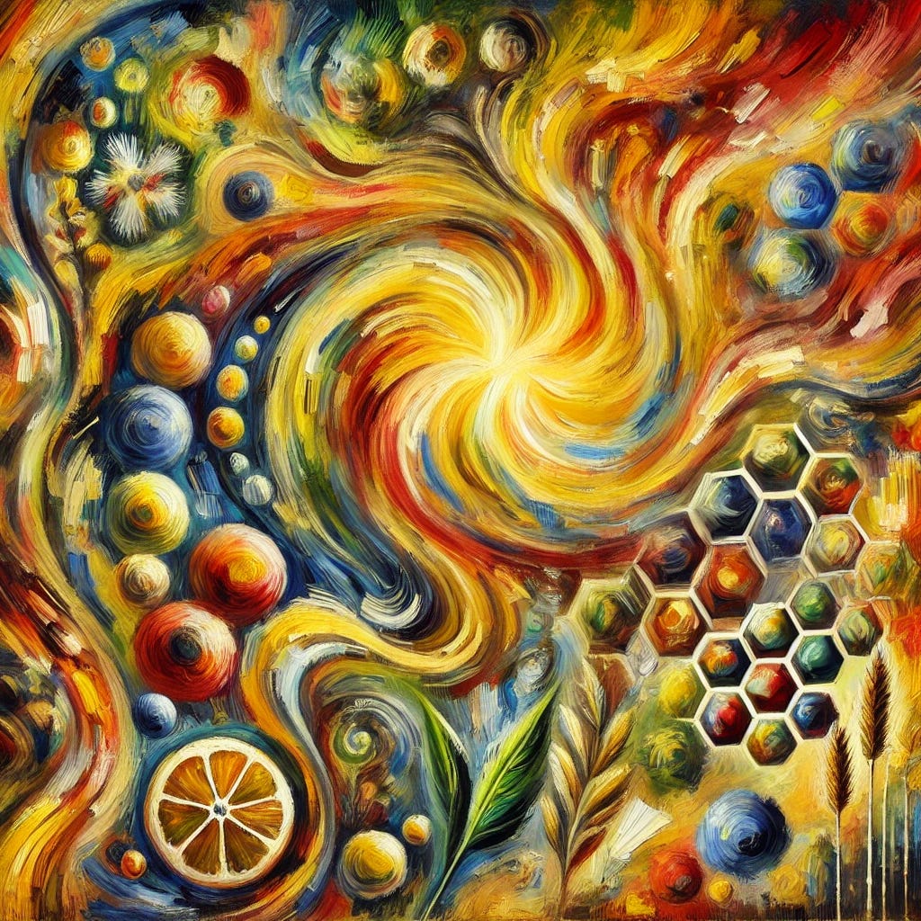 An abstract and impressionist oil painting with thick brush strokes, inspired by the biological concepts of cancer cell biology and alternative treatments. The painting features vibrant swirling patterns of bright yellows, deep reds, and contrasting shades of green and blue to symbolise cellular energy and healing mechanisms. Elements of natural compounds like plants and mushrooms are subtly blended into the patterns. The overall style is evocative, with bold and expressive strokes representing the integration of science and nature in a harmonious composition. No text included. An abstract and impressionist oil painting with thick brush strokes, inspired by the biological concepts of cancer cell biology and alternative treatments. The painting features vibrant swirling patterns of bright yellows, deep reds, and contrasting shades of green and blue to symbolise cellular energy and healing mechanisms. Elements of natural compounds like plants and mushrooms are subtly blended into the patterns. The overall style is evocative, with bold and expressive strokes representing the integration of science and nature in a harmonious composition. No text included.