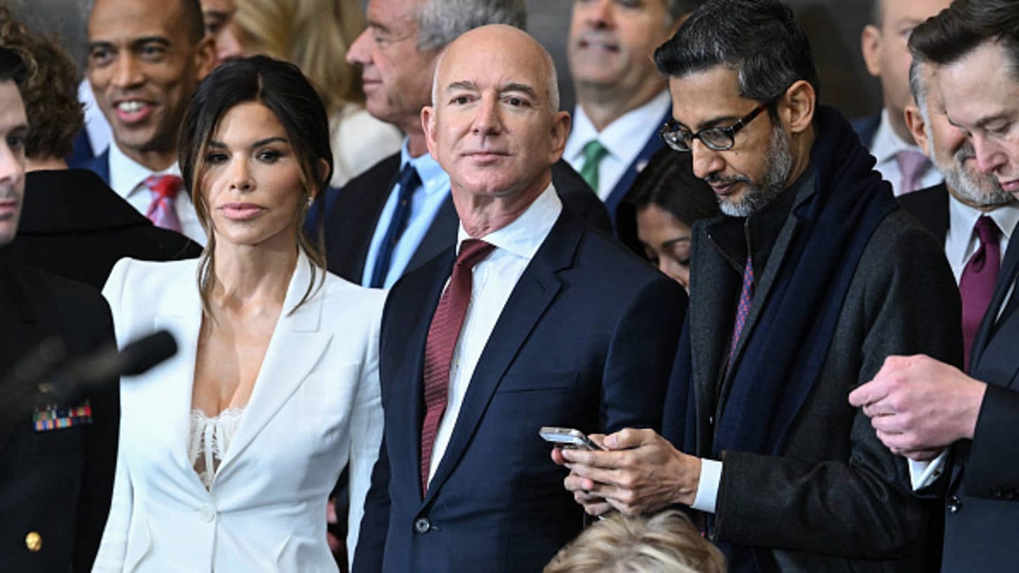(L-R) Lauren Sanchez, Amazon founder Jeff Bezos, Google CEO Sundar Pichai and Tesla and SpaceX CEO Elon Musk attend the inauguration ceremony before Donald Trump is sworn in as the 47th US President in the US Capitol Rotunda in Washington, DC, on January 20, 2025. (Photo by SAUL LOEB / POOL / AFP) (Photo by SAUL LOEB/POOL/AFP via Getty Images)