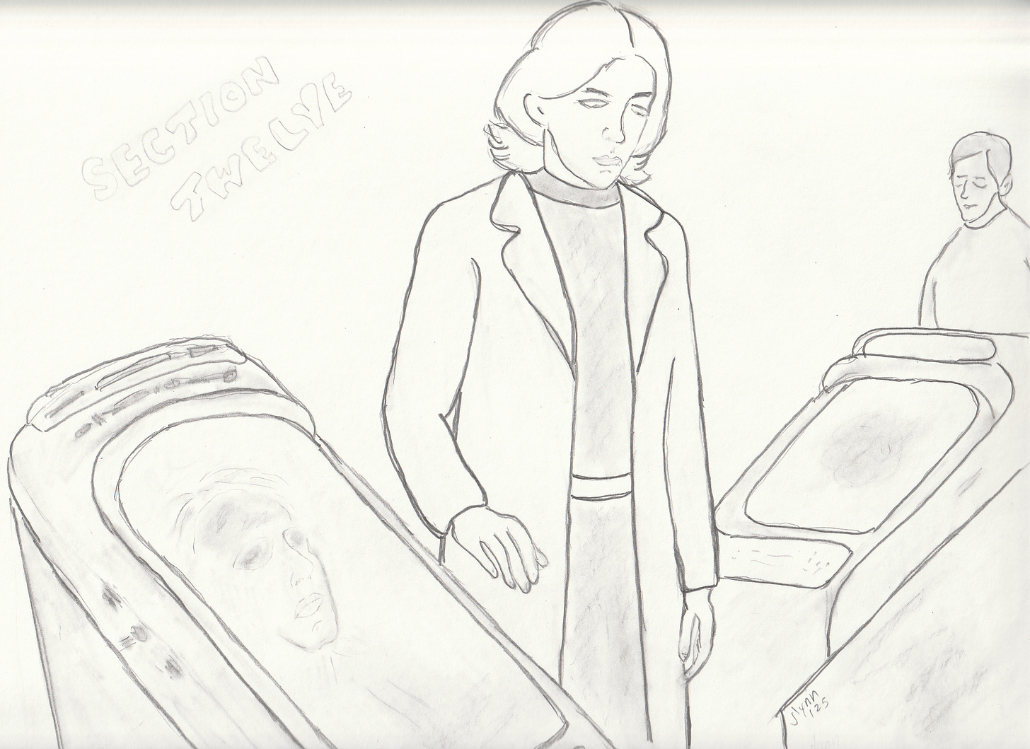 A pencil sketch of Zophia Finn in a coat, standing solemnly beside a stasis pod. A face is faintly visible through the pod glass. The scene is labeled "Section Twelve" in hand-drawn text.