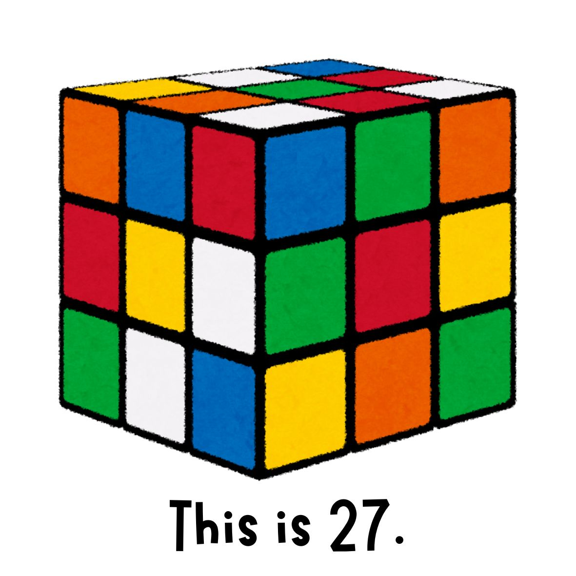 mixed up rubiks cube with "This is 27" written underneath.