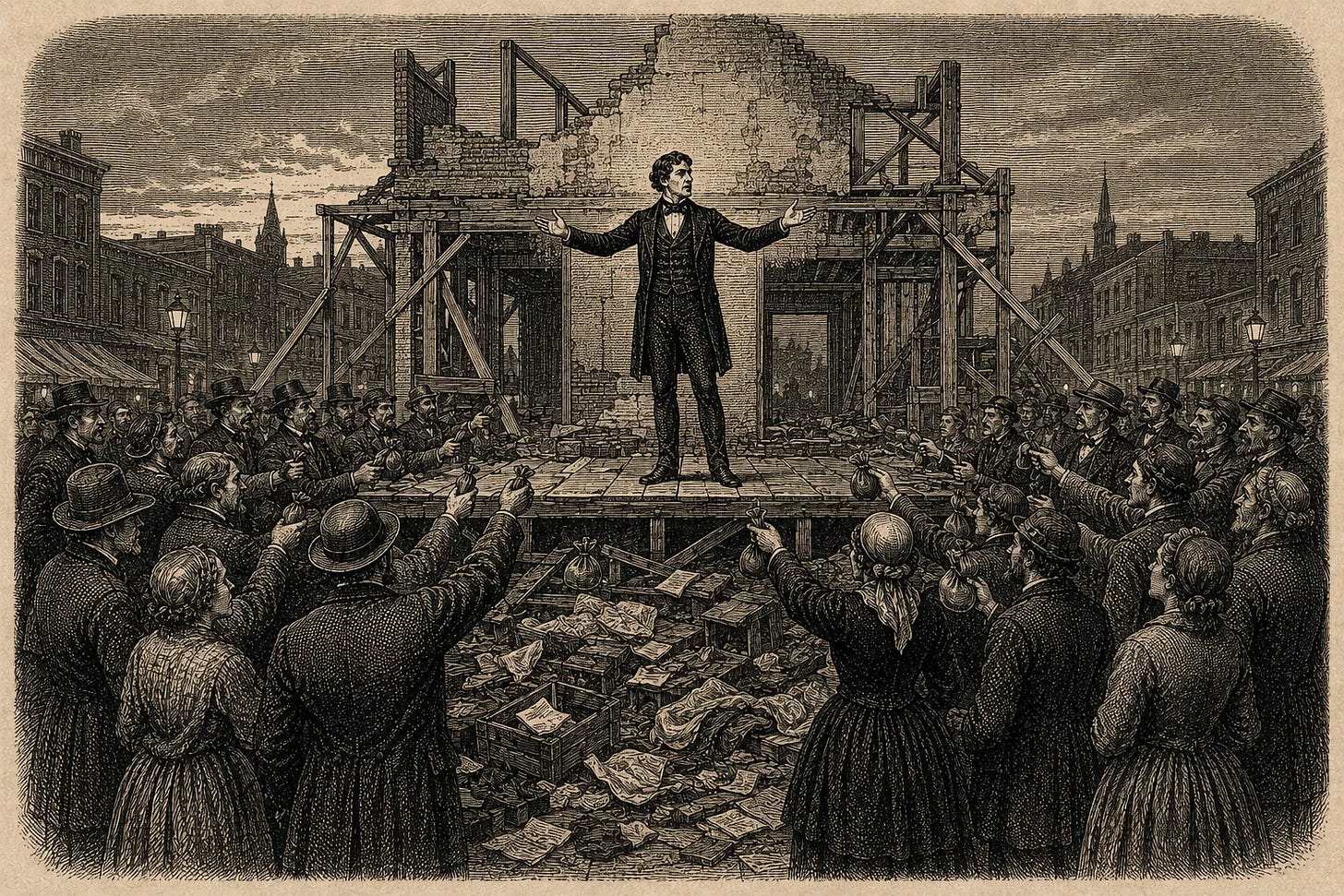 Wood-engraving editorial illustration in the Thomas Nast Harper's Weekly style for Attention Capital's essay The Playbook Already Built. The image depicts a 19th-century city market square at twilight where a charismatic creator stands on a wooden stage gesturing oratorically while a dense crowd of audience-members holds outstretched coin-purses toward the stage. Behind the stage, a half-finished and unsupported market-stall storefront stands with broken plaster and structural elements visible. The visual argument: in the creator economy distress cycle, the audience extends real credit to the creator with no institutional credit layer between them, so failed launches force the audience to absorb the loss while the creator retains the stage and the cash flow. Keywords: creator economy credit, audience as collateral, MrBeast, Logan Paul, Spotter, creator audience ABS, behavioral cash flow.