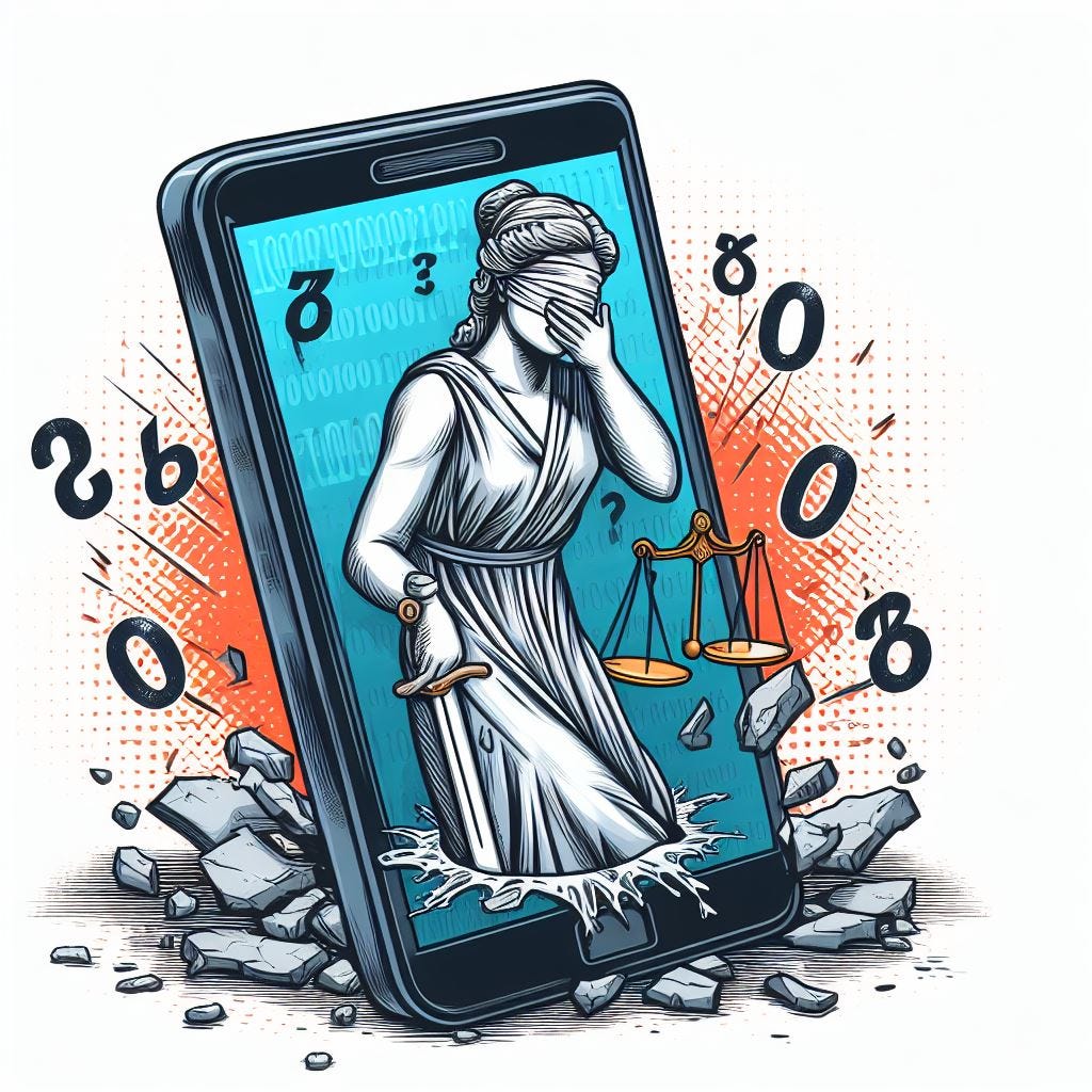 Eine Comiczeichnung von einem Smartphone. Auf dem Bildschirm ist eine Justizia zu sehen, die sich die Hand vor den Mund hält. Unter dem Smartphone sind Trümmer zu sehen und Symbole.