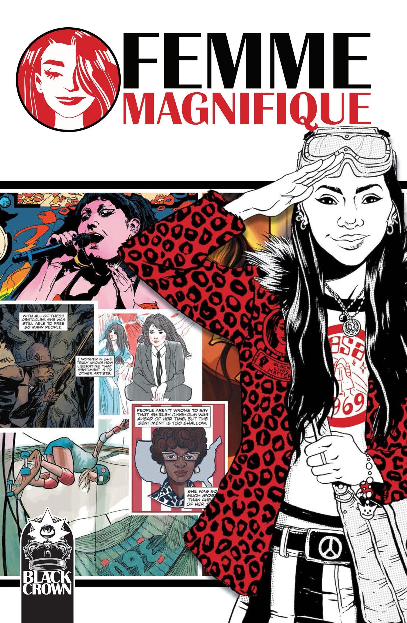 The cover of Femme Magnifique featuring an illustrated woman saluting while wearing a peace belt buckle