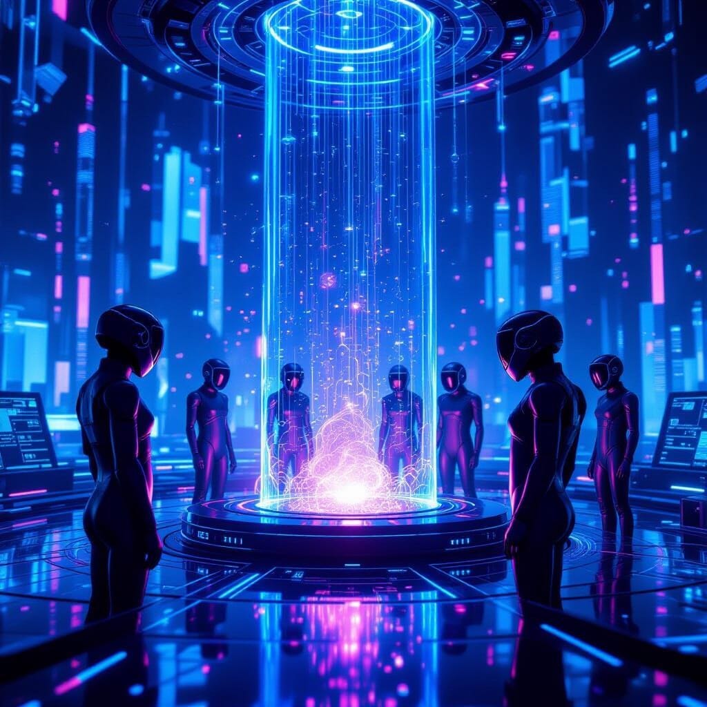 A team of AI agents, their bodies composed of liquid mercury, are  within the core of a quantum computer. The scene is i...