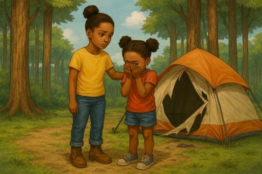 Two girls, the older one comfroting the younger with a ripped up tent in the background in a forest Two girls, the older one comfroting the younger with a ripped up tent in the background in a forest