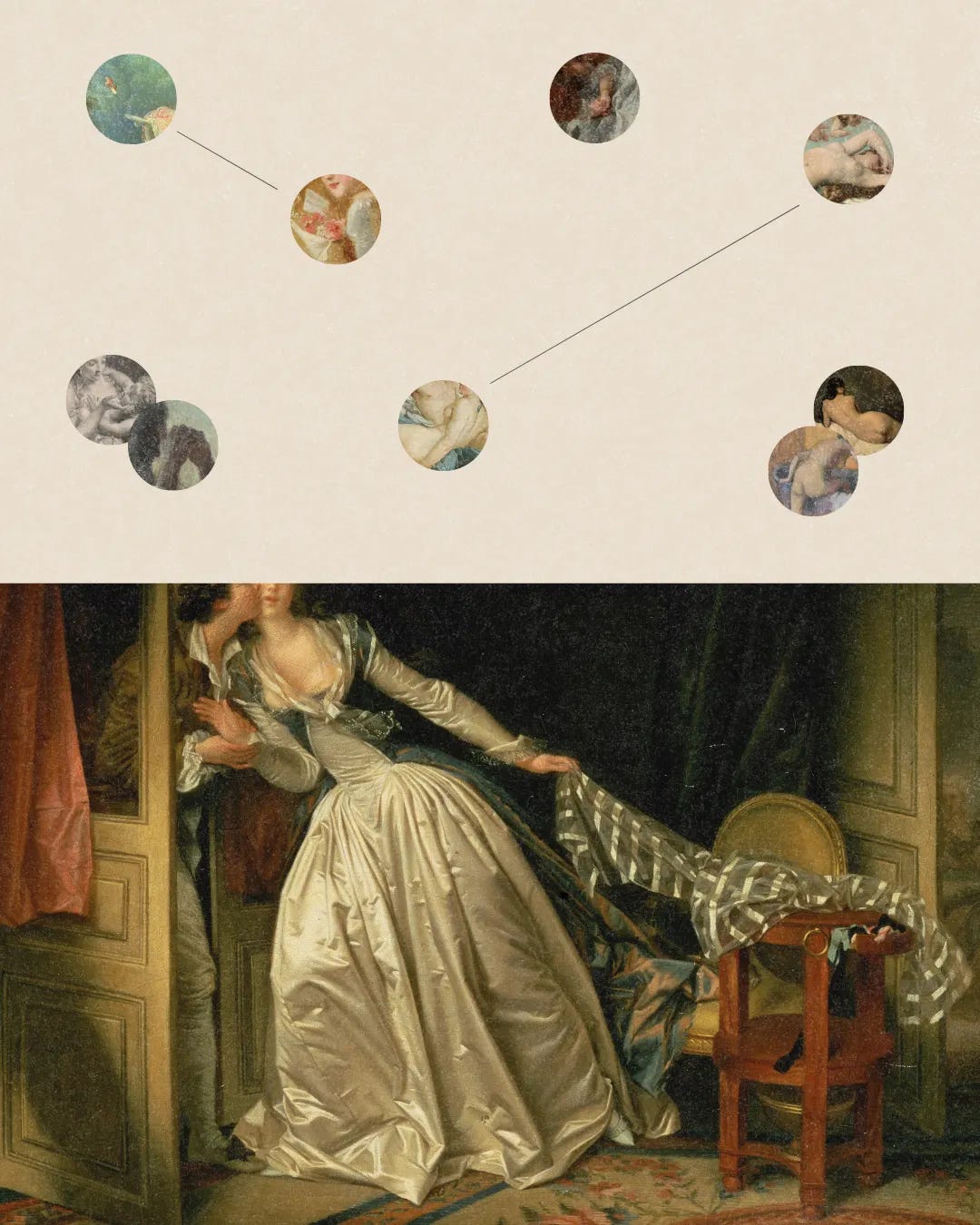 Image collage of several painted classics that feature love and lust including Fragonard's The Stolen Kiss Image collage of several painted classics that feature love and lust including Fragonard's The Stolen Kiss