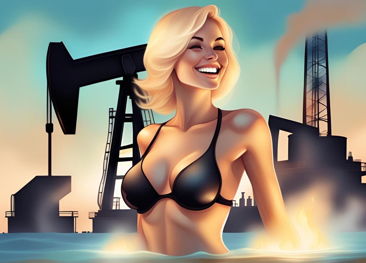 A woman with blonde hair and brown eyes wears a black bikini in the ocean. She smiles as there is an oil rig behind her. A woman with blonde hair and brown eyes wears a black bikini in the ocean. She smiles as there is an oil rig behind her.