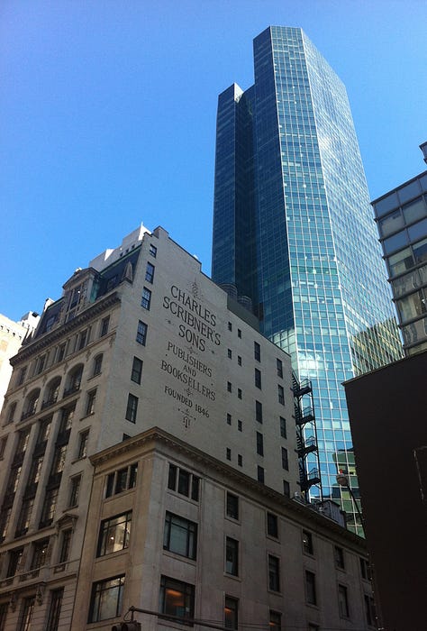 Three pictures, all of towering skyscrapers against blue skies