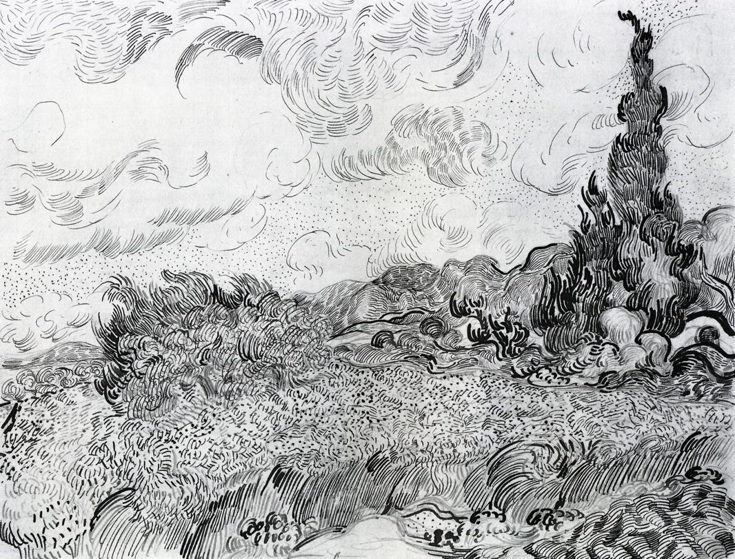 Wheat Field with Cypresses at the Haute Galline near Eygalieres, by Vincent van Gogh (1889) // Sketch and study with ink and paper. Wheat Field with Cypresses at the Haute Galline near Eygalieres, by Vincent van Gogh (1889) // Sketch and study with ink and paper.