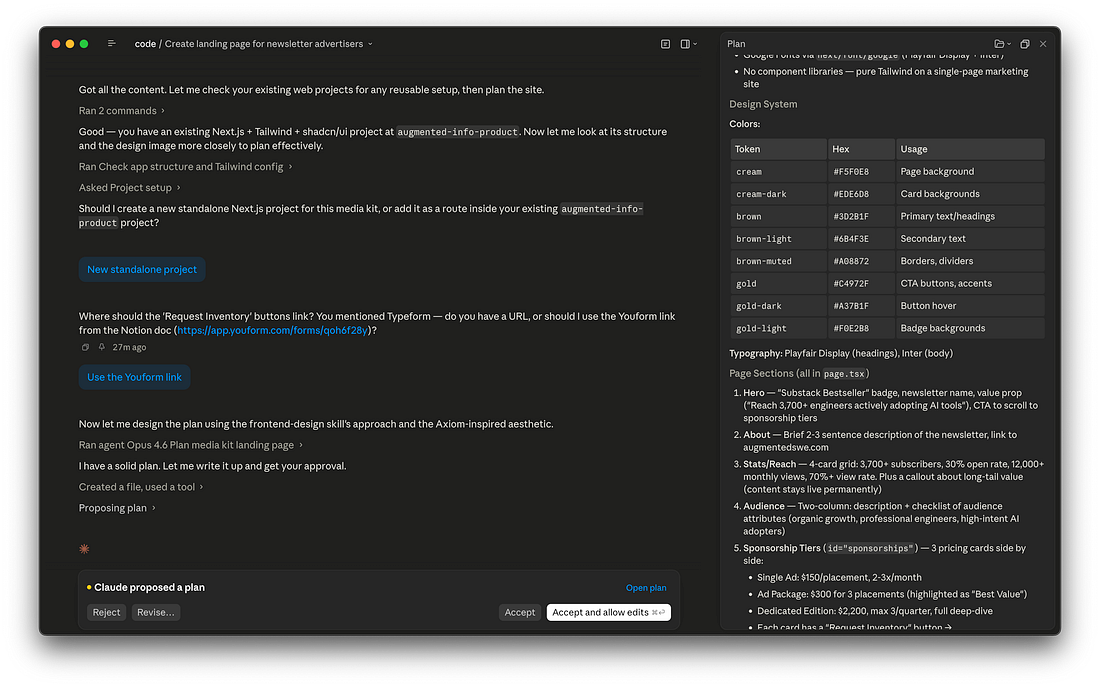 The Claude Code app showing a plan with an interactive UI to request changes