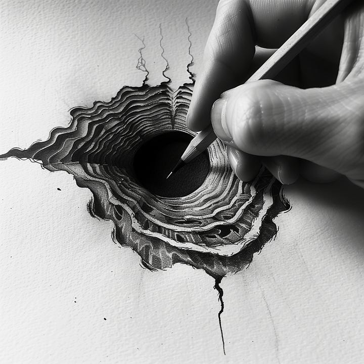 Various images of a hand drawing holes in the universe