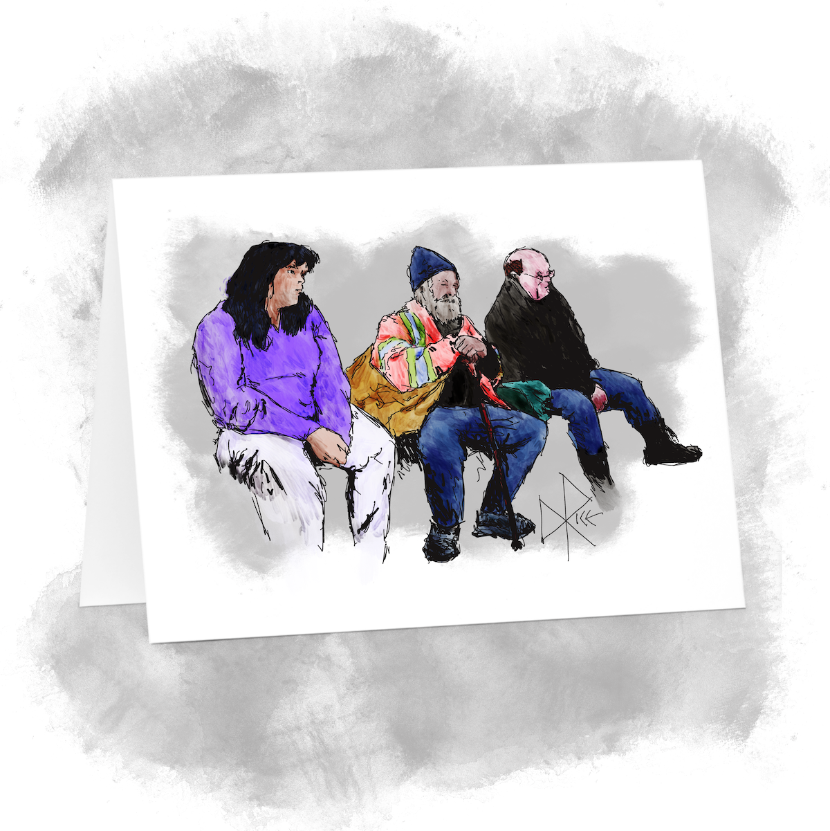 Three strangers sit side-by-side in a waiting area, thinking their own thoughts and staring into the distance rather than at their mobile phones. Sketch art by Don Rice. Three strangers sit side-by-side in a waiting area, thinking their own thoughts and staring into the distance rather than at their mobile phones. Sketch art by Don Rice.