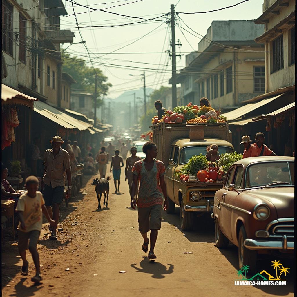 Vibrant, bustling streets of Jamaica, teeming with life, as people from all walks of life navigate through the crowded market, with numerous shops, street vendors, and food stalls overflowing with colorful produce, while cars and buses, packed to capacity, honk and swerve through the chaos, with passengers hanging off the sides, amidst wondering animals roaming freely, all captured in a stunning, cinematic film still, reminiscent of the works of Roger Deakins, Emmanuel Lubezki