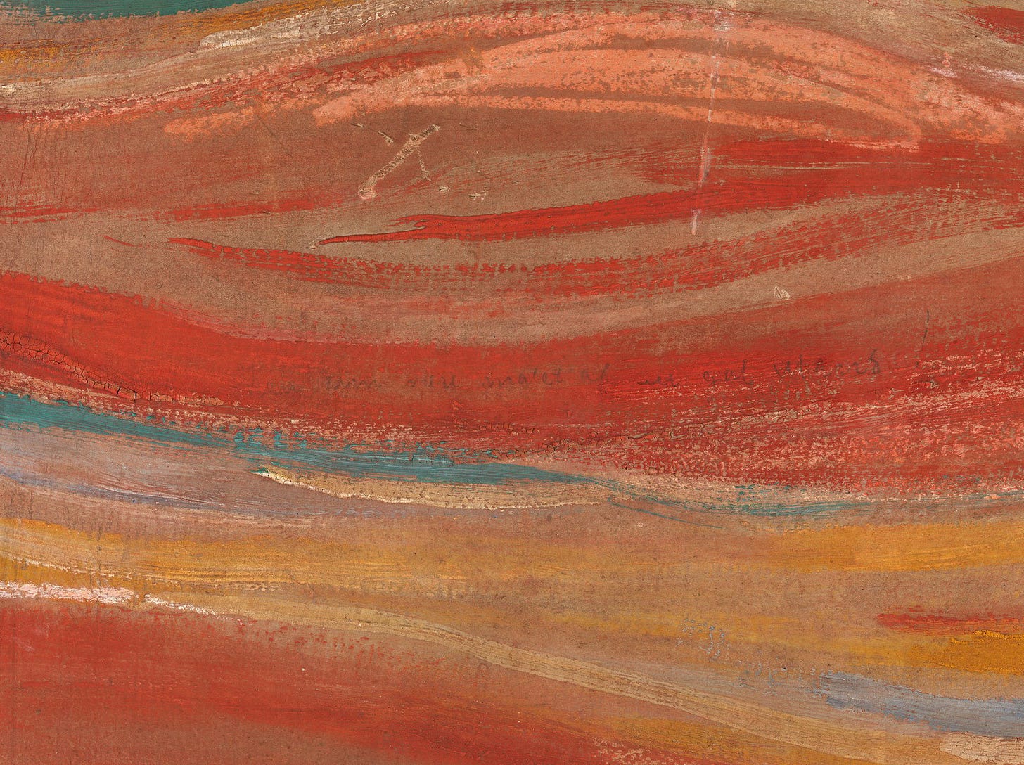 Detail of the sky in Edvard Munch’s The Scream (1893), upper left: a line of pencil writing is hidden in the red bands. Photo: Nasjonalmuseet / Børre Høstland Detail of the sky in Edvard Munch’s The Scream (1893), upper left: a line of pencil writing is hidden in the red bands. Photo: Nasjonalmuseet / Børre Høstland