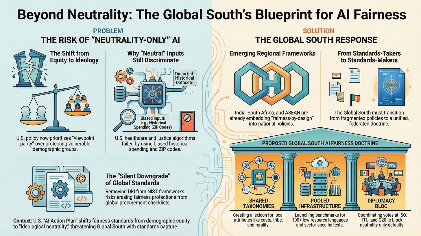 America's AI Action Plan's redefinition of fairness, by removing Diversity, Equity, and Inclusivity (DEI), risks hard-coding inequities for the Global South, necessitating a proactive response to define its own culturally and contextually relevant AI fairness standards