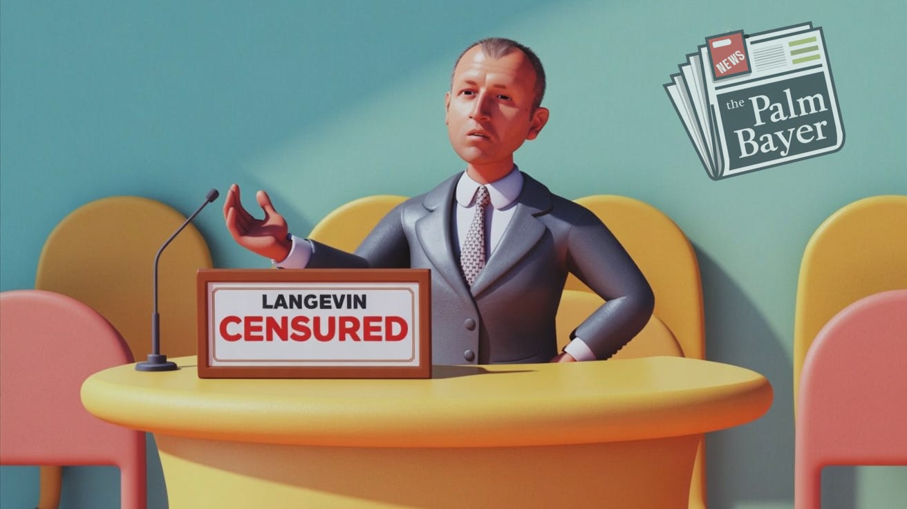 Cartoon illustration of a councilman at a round table with a sign reading “Langevin Censured,” set in a stylized city council chamber. Cartoon illustration of a councilman at a round table with a sign reading “Langevin Censured,” set in a stylized city council chamber.