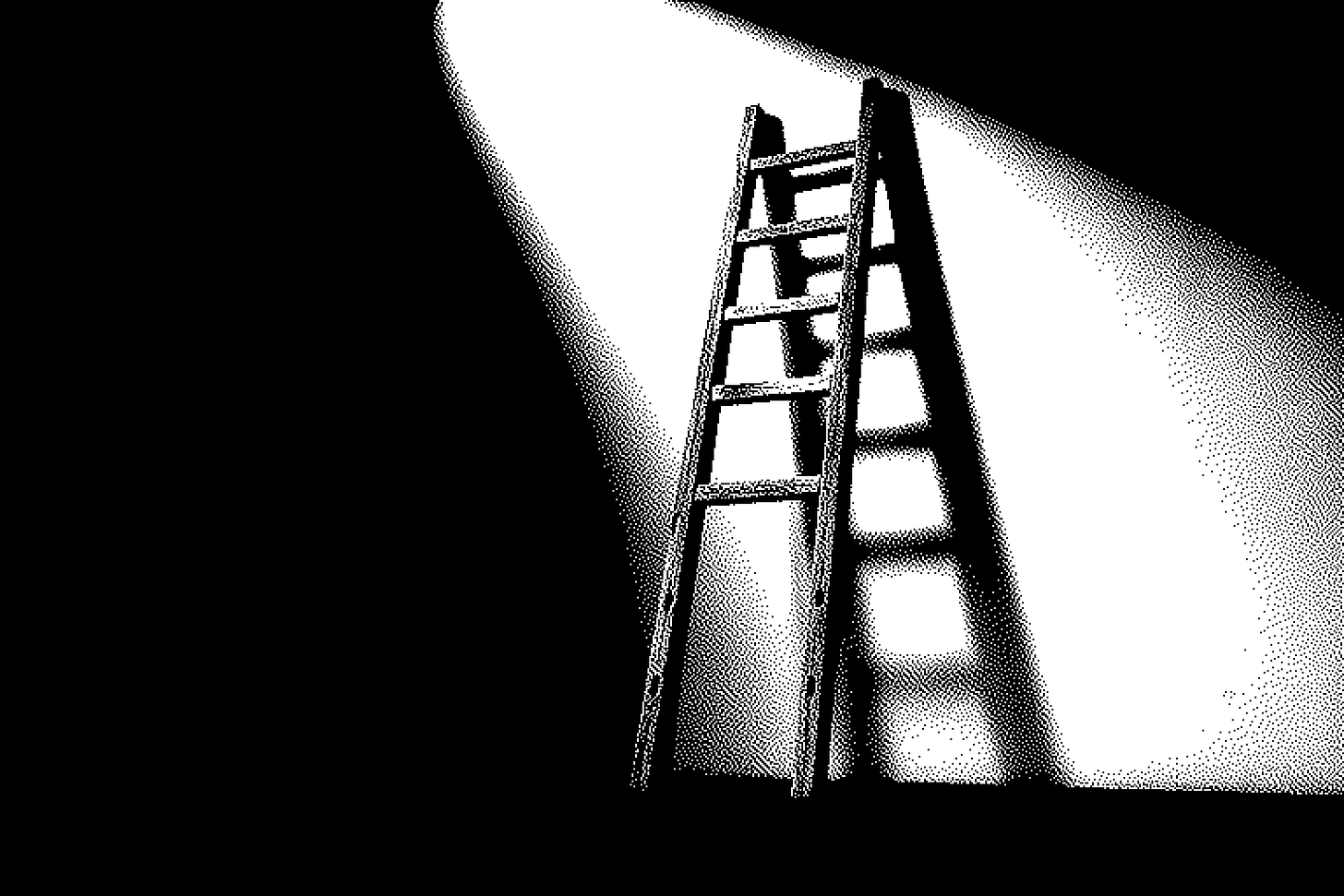 A tall old wooden ladder leaning against a bare wall, seen straight on, lit by one hard beam from the upper left. The upper rungs are solid and worn smooth. The bottom three rungs are missing, leaving only empty holes in the rails, so the first reach A tall old wooden ladder leaning against a bare wall, seen straight on, lit by one hard beam from the upper left. The upper rungs are solid and worn smooth. The bottom three rungs are missing, leaving only empty holes in the rails, so the first reach