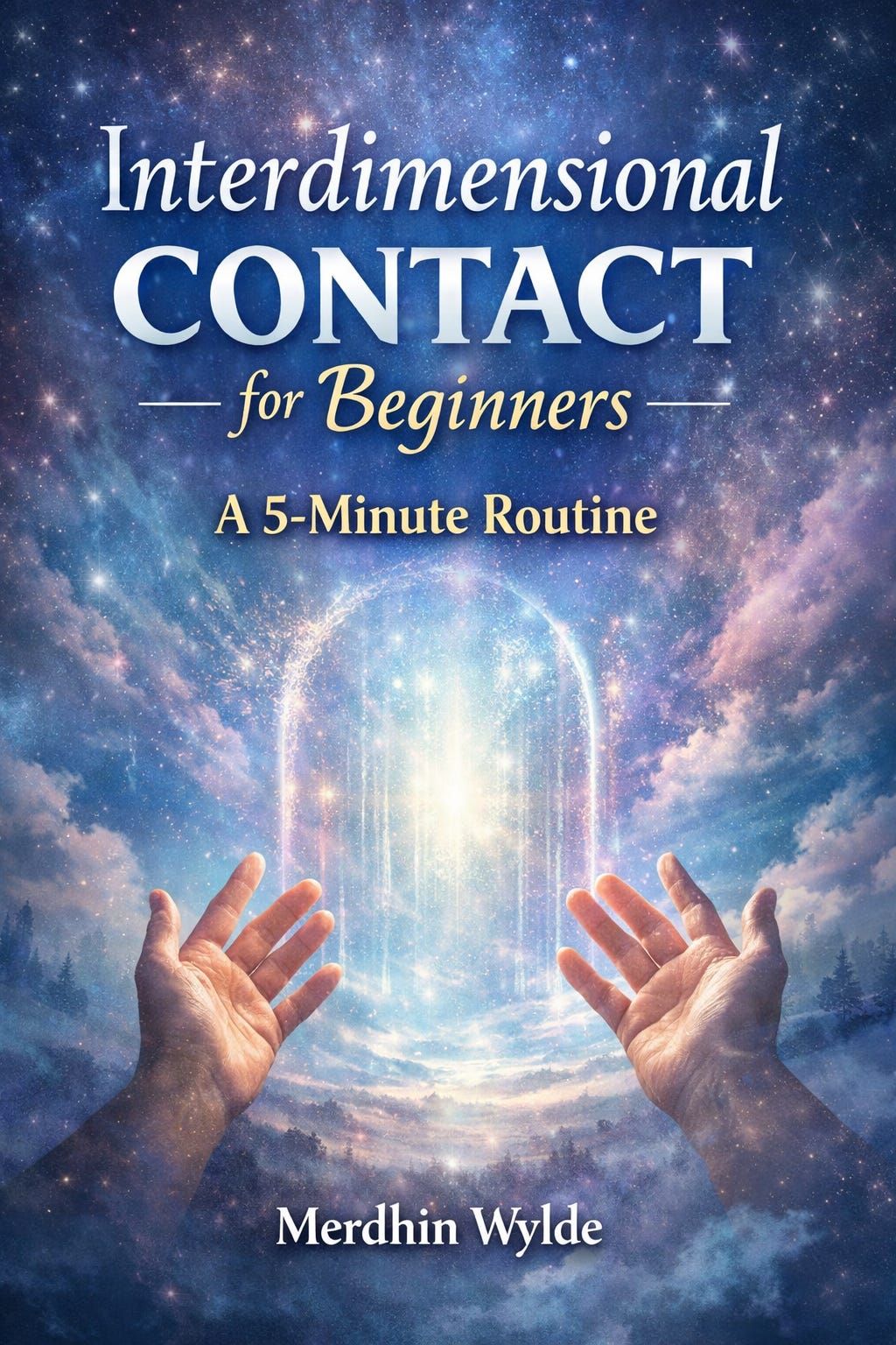 Cover image with a starry blue-purple cosmos and a glowing doorway-like portal rising from a misty horizon. Two open hands reach up toward the light. Large text reads āInterdimensional Contact for Beginnersā with āA 5-Minute Routineā below, and āMerdhin Wyldeā at the bottom. Cover image with a starry blue-purple cosmos and a glowing doorway-like portal rising from a misty horizon. Two open hands reach up toward the light. Large text reads āInterdimensional Contact for Beginnersā with āA 5-Minute Routineā below, and āMerdhin Wyldeā at the bottom.