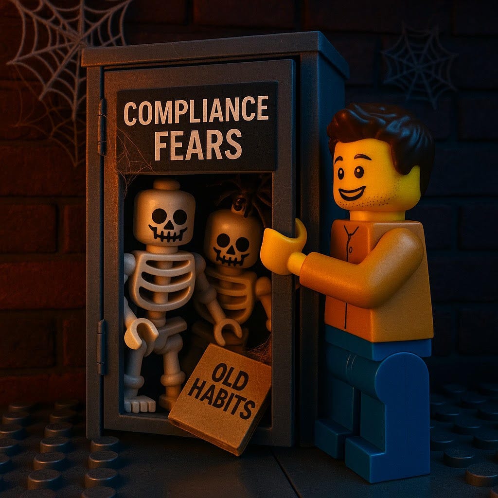 A lego men next to a closet of two lego skeletons with text above that reads 'compliance fears' and text below that reads 'old habits'.